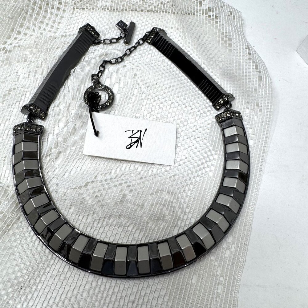 Black & White Geometric Statement Necklace With Adjustable Chain & Crystal Accen